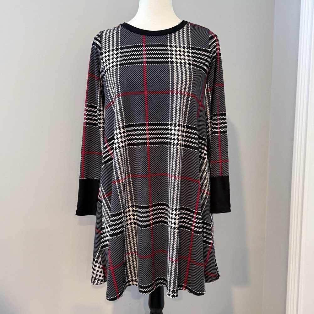 Chico's Plaid Tunic Dress Black Red Long Sleeve Stretch Knit Pockets Size Small